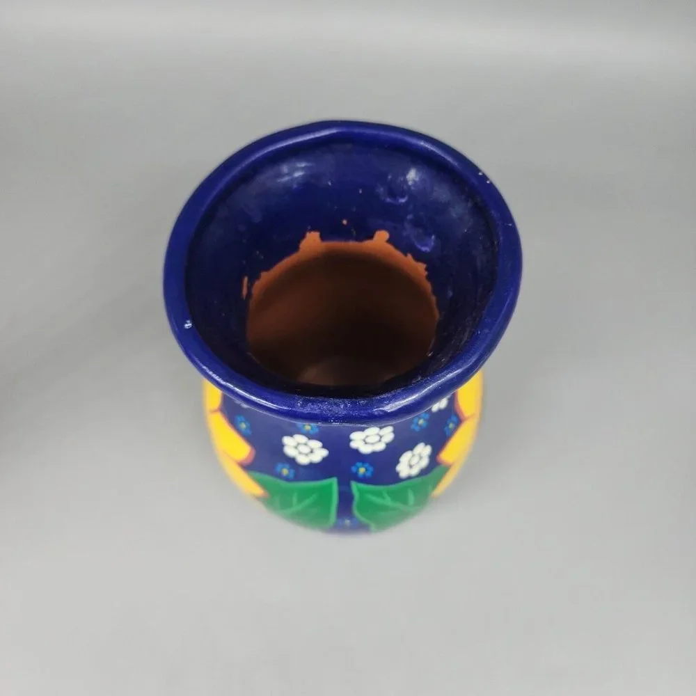 Hand-Painted Sunflower Ceramic Vase - Blue and Yellow